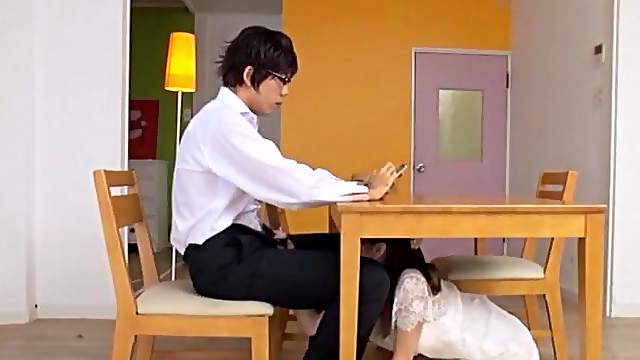 Kinky Japanese chick drops on her knees to give a sloppy blowjob