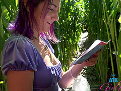 Purple haired amateur Lily Adams enjoys while riding a hard rod