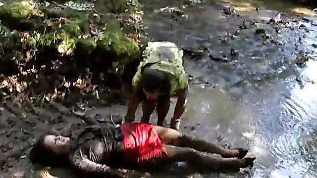 Lustful lesbian duo gets wet clothed in the river