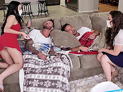 Brunettes unite for a wild four-way with Johnny at the helm