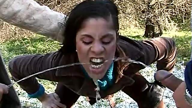 Hot Latina Veronika Jane lets two men pee on her face and destroy her holes