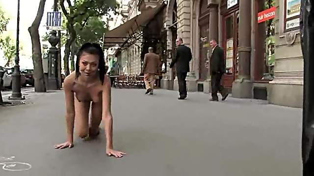 Divine brunette puts on a head harmess and gets fucked in public