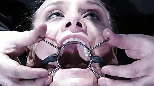 Gagged blonde girl gets her tight vagina toyed hard