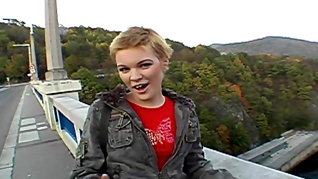 Short-haired blonde gets fucked and facialed in the street