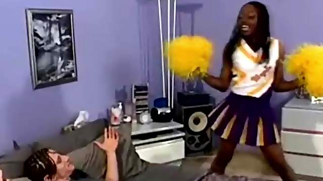 Ebony girl in cheerleader uniform gets fucked by White man
