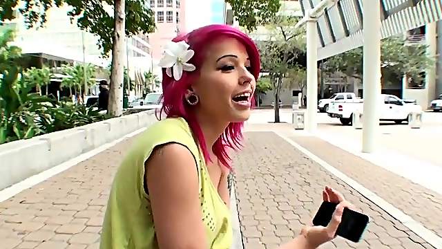Pretty girl with pink hair gives a handjob and gets rammed