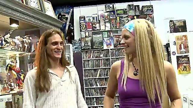 Long-haired blonde blows and gets fucked for money in a shop