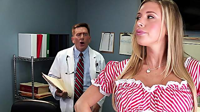 Hot blonde babe in a pink dress gets banged in an office