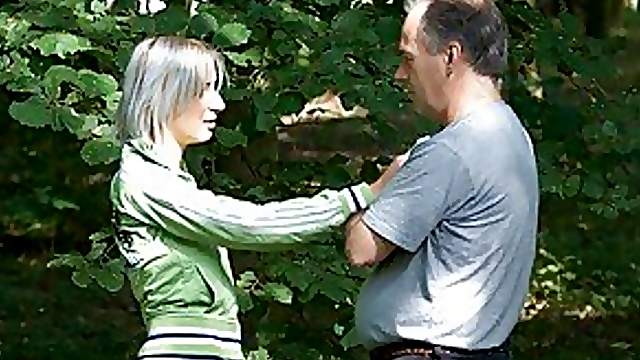 Old Man Fucks a Blonde Beauty Outdoors In The Forest