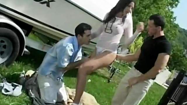 Brunette hottie gets her holes destroyed by two men in MMF clip