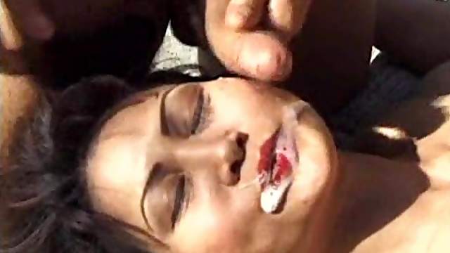 Cougar takes cum in mouth after slammed outdoor in DP threesome clip