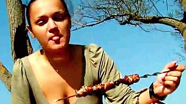 Delightful Brunette Eats Food Before Eating A Cock