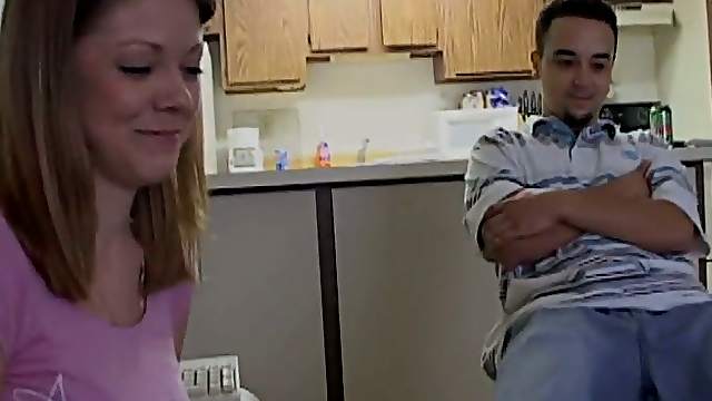 Blonde chick with big beautiful tits sucking her boyfriend's cock