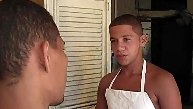 Two black dudes make ardent gay love in the kitchen