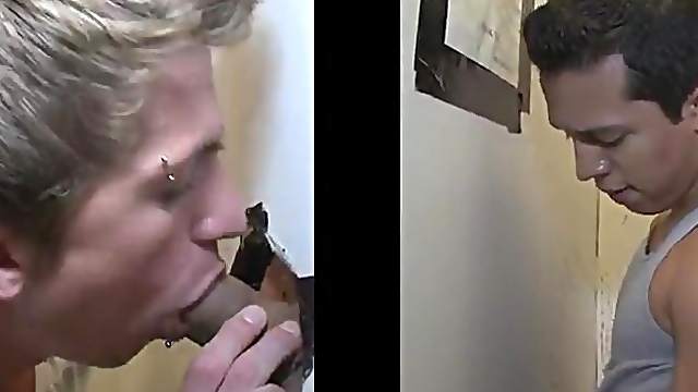 Amazing Guy gets pleasure as his cock sucked through gloryhole in Gay scene