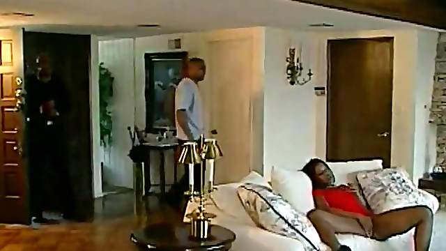 Ebony in high heels screaming as her anal is penetrated hardcore in mmf sex