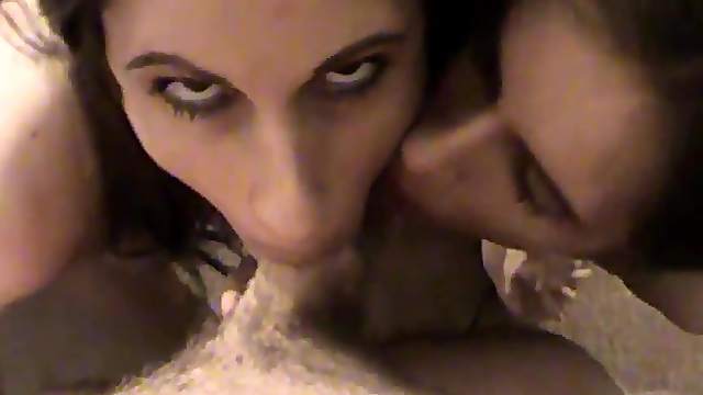 Two insatiable brunettes favour a guy with a blowjob in POV clip