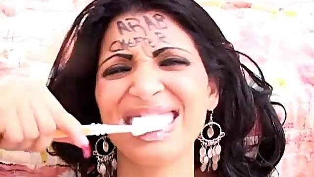 Brunette Babe Gets A Big Cumshot And Brushes Her Teeth With it