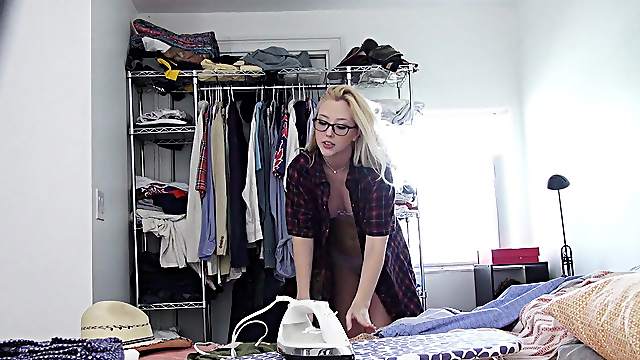 Blonde cowgirl in glasses moaning in excitement as she gets screwed