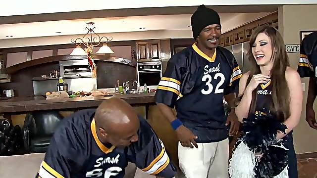 A whole team of black guys gangbang a white girl at a party