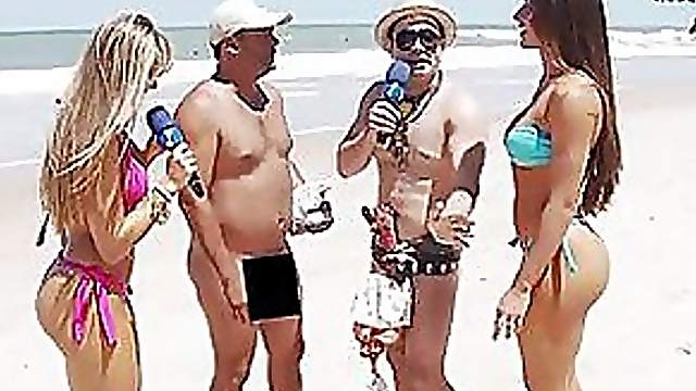 Brazilian Reporter On The Beach With Two Hot Babes