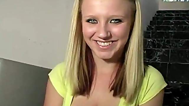 Busty blonde teen Ami Jordan sucks a boner and takes a ride on it