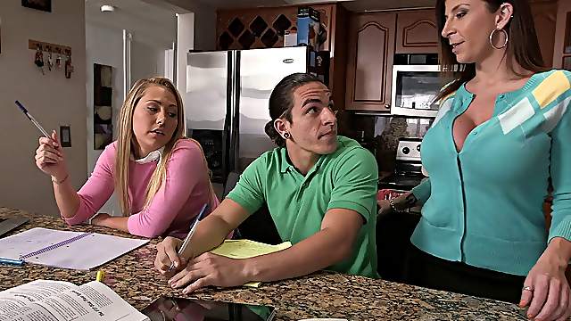 Sara Jay and her GF share their neighbour's cock in the kitchen