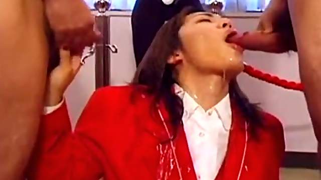 Japanese hussy blows, then gets facialed and drinks cum and piss