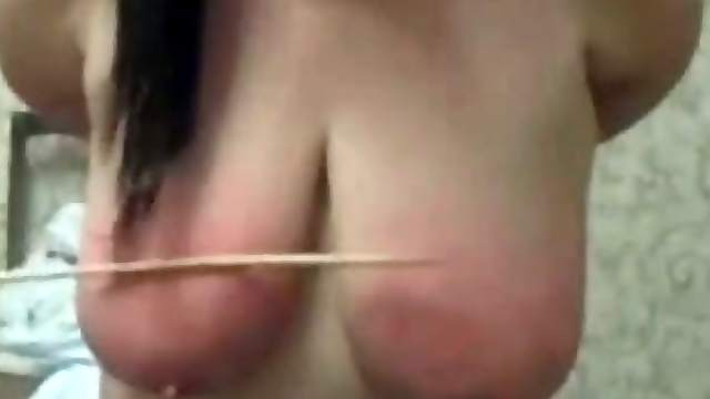 Amateur brunette gets her big flabby boobs spanked