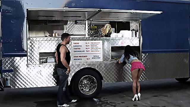 Mini-skirt clad Latina with a hot body sucking a stranger's big cock