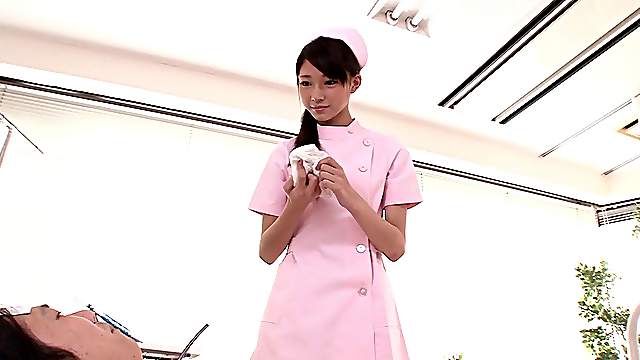 Slim Japanese nurse sucks and rides a patient's cock at her work place