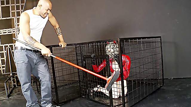 Sex slave with a shaved pussy being tortured and fucked by strangers