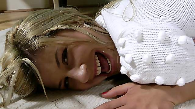long haired blonde drilling her anal with a toy as a hard cock throbs her pussy