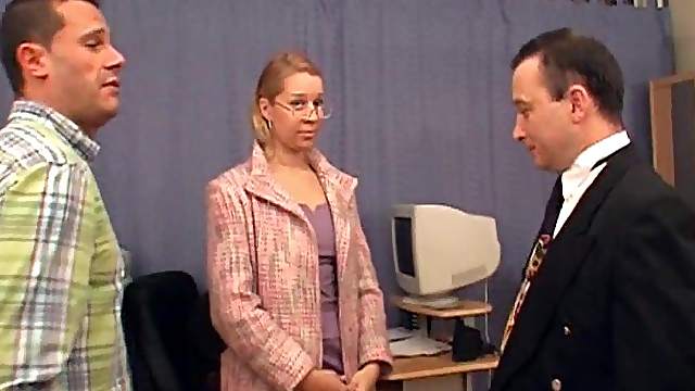 Nerdy secretary fucks all the guys in the office like a slut