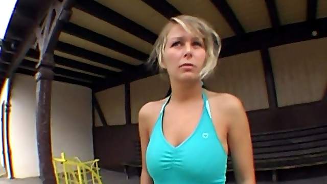 Seductive blonde with big boobs playing with a stranger's cock