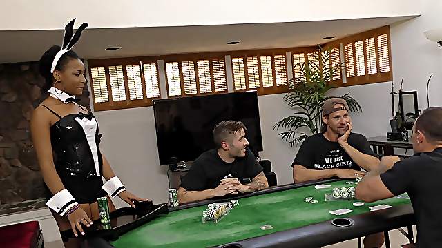During poker night a group of white guys gangbang the hot, ebony maid