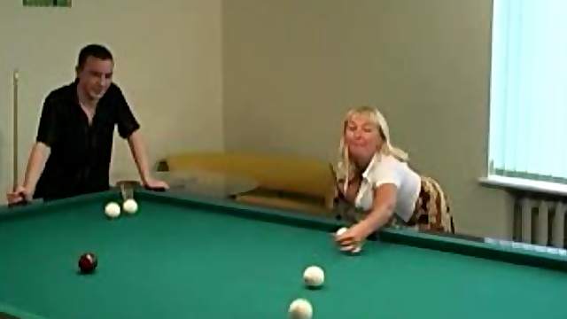 He beats the big tits milf at pool and gets to fuck her as his prize