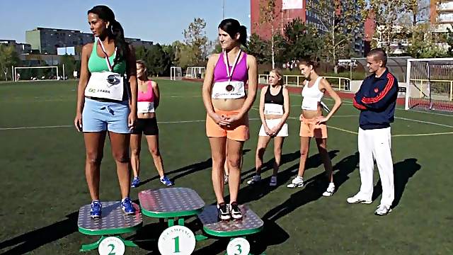 Female athletes thank their coach by fucking him after winning
