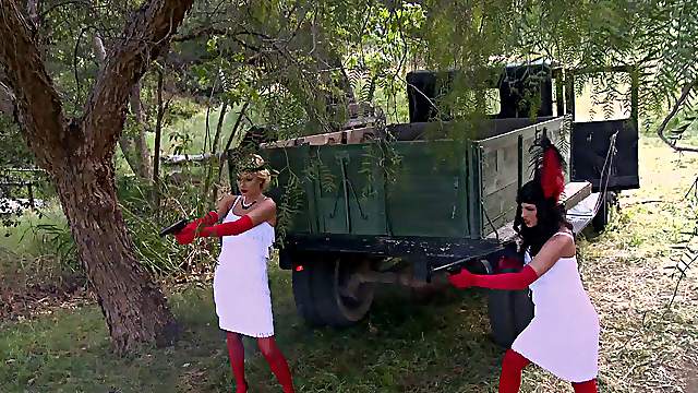 Old timey costumes on pornstar babes fucked outdoors