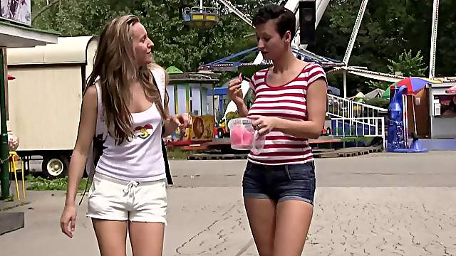 Sexy teen honeys having lesbian sex outdoors by a lake
