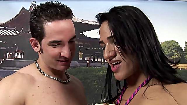 Bikini-clad transsexual whore with a big perfect ass and long hot legs blowing a stranger