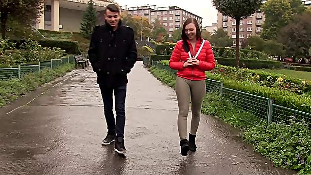 Brunette teen with natural boobs picked up in public