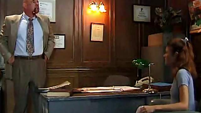 Thick old man dick fucks a skinny slut on his desk