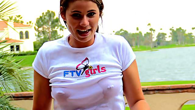 Wet tee shirt babe in public has lovely pierced nipples