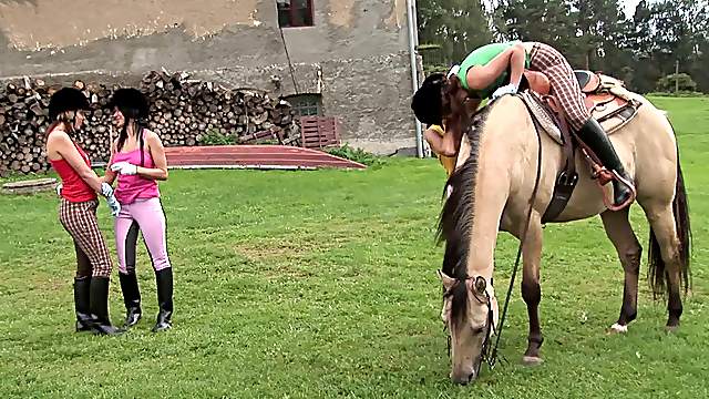 Girls in riding clothes and boots have a lesbian foursome on the farm