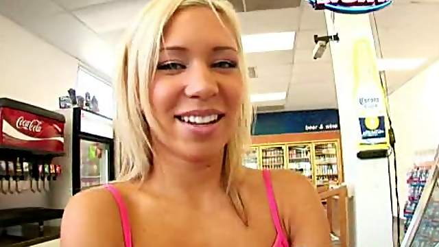 Saucy blonde filly slides a long dick inside of her wet twat
