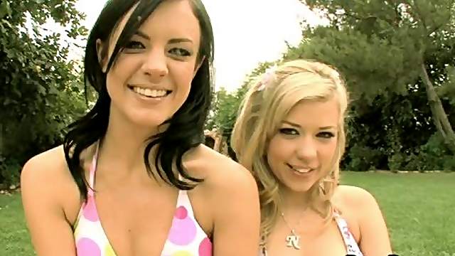 Two lovely babes enjoy sharing a massive rod in the nature
