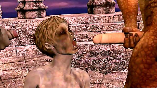 3D cartoon zombie babe getting double teamed outdoors