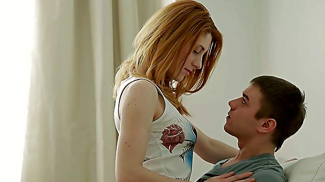 Russian redhead babe nicely pined hardcore on sofa