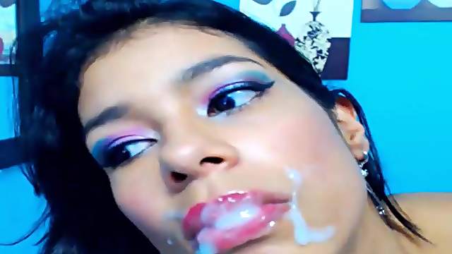 Latina slut sucks cock fucks and swallows hot cum